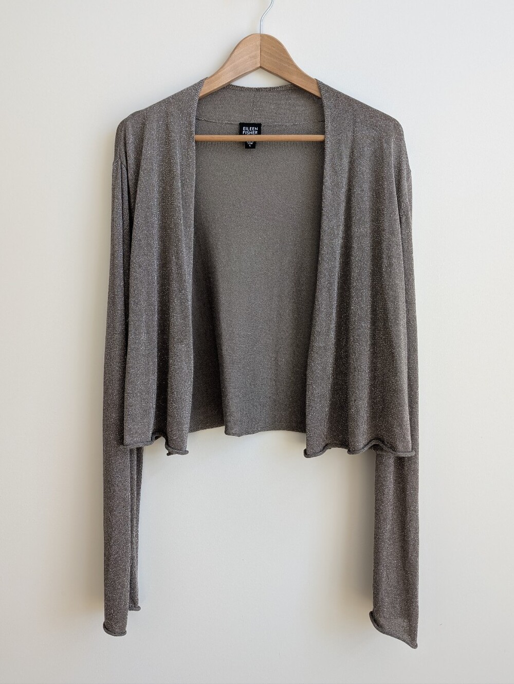 Eileen Fisher Large Gold Shimmer Taupe Brown Linen Blend Cardigan Knit Sweater